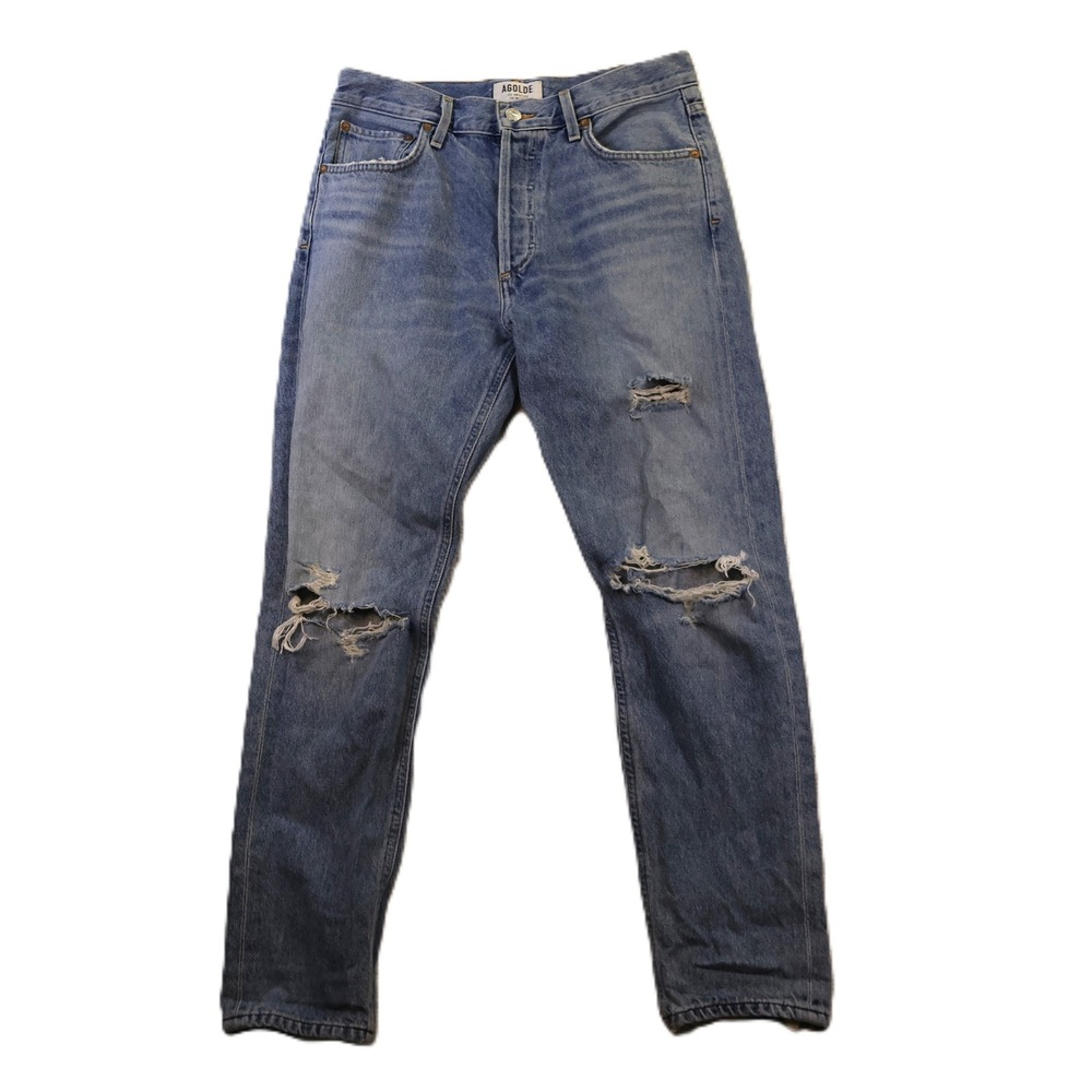 AGOLDE Womens 27 Riley High Rise Straight Jeans Blue Distressed A045C-2083